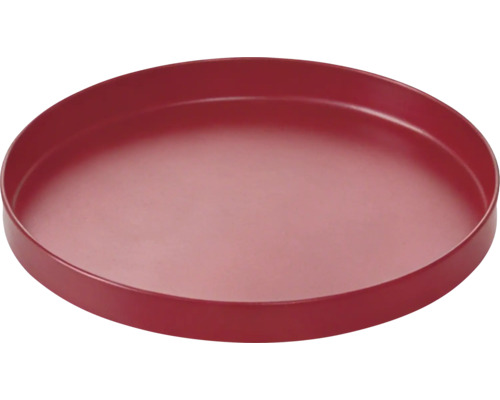 Soucoupe ronde en plastique rouge foncé pour pots de fleurs.