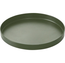 Soucoupe ronde en plastique pour pots de fleurs de couleur vert foncé.