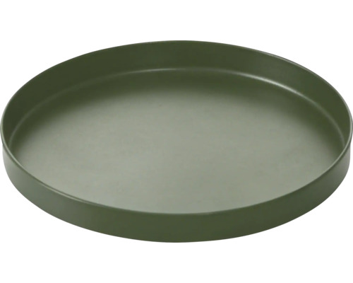 Soucoupe ronde en plastique pour pots de fleurs de couleur vert foncé.