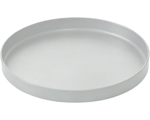 Soucoupe ronde gris clair pour pots de fleurs en plastique.