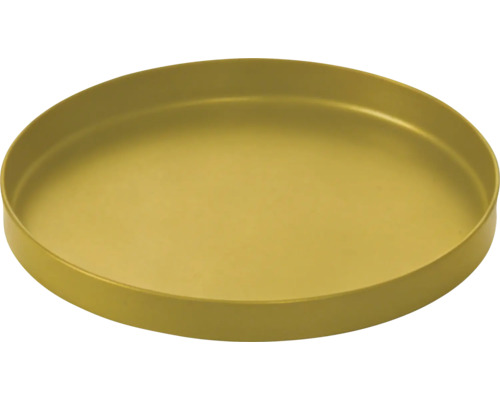 Plateau rond en métal doré avec fond plat et bord surélevé.