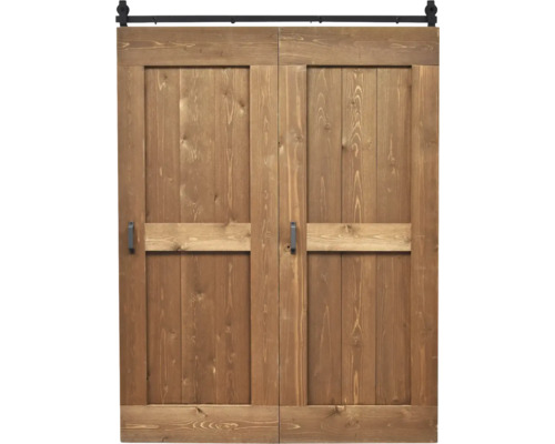 Double porte coulissante en bois au design rustique avec rail de guidage noir et poignées.