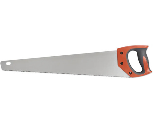 Fuchsschwanz Handsäge mit einem Sägeblatt aus Stahl und einem ergonomischen Griff aus Kunststoff in Orange und Grau.