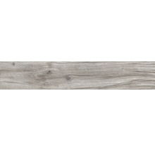 Carrelage de sol aspect bois avec veinage et nœuds en gris.