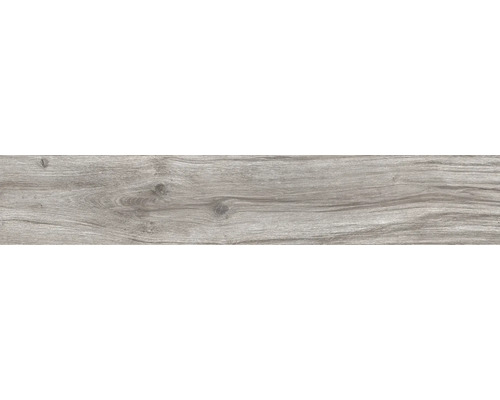 Carrelage de sol aspect bois avec veinage et nœuds en gris.
