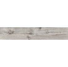 Revêtement de sol aspect bois gris avec veinage et nœuds.