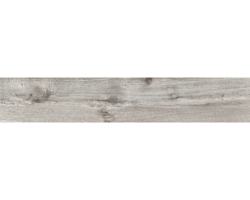 Revêtement de sol aspect bois gris avec veinage et nœuds.