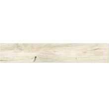 Bodenbelag in heller Holzoptik mit feiner Maserung und sichtbarem Astloch.