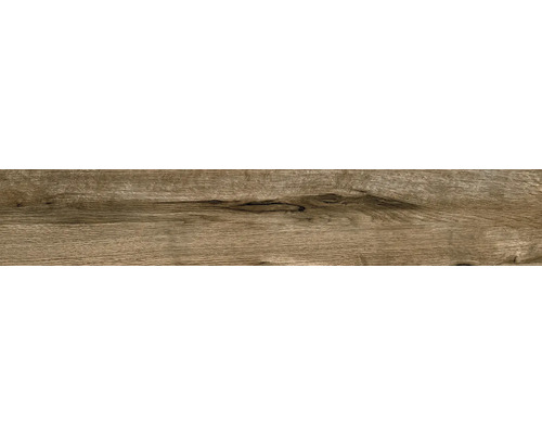 Bodenfliese in Holzoptik mit natürlicher Maserung und Astloch-Struktur.