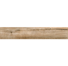 Carrelage de sol aspect bois avec veinage naturel, nœuds et fissures.