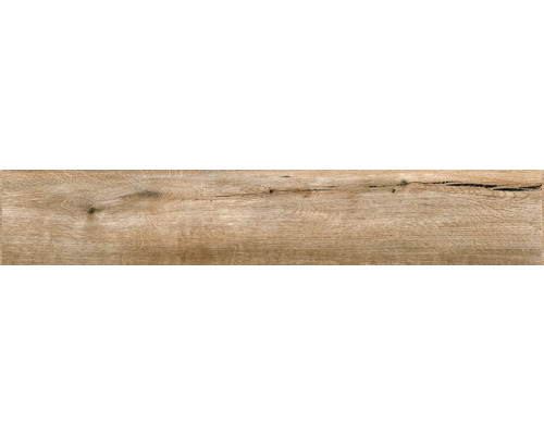 Carrelage de sol aspect bois avec veinage naturel, nœuds et fissures.