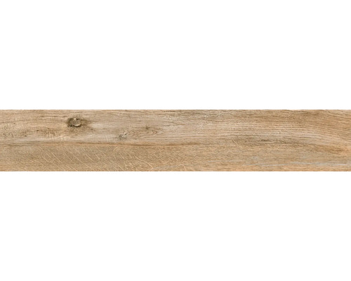 Carrelage en grès cérame aspect bois avec veinures et nœuds.