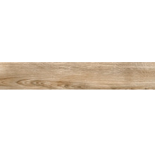 Carreau en grès cérame aspect bois avec veinures naturelles et nœuds.
