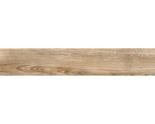 Carreau en grès cérame aspect bois avec veinures naturelles et nœuds.