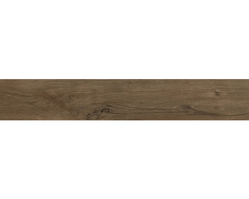 Revêtement de sol décor bois foncé avec grain naturel et nœuds.