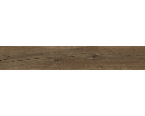 Revêtement de sol brun foncé aspect bois avec veinage, nœuds et fissures.