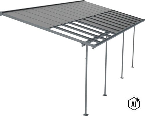 Terrassenüberdachung aus Aluminium mit teilweise gedeckter Dachfläche und Stützpfosten (Image AI modified or generated)