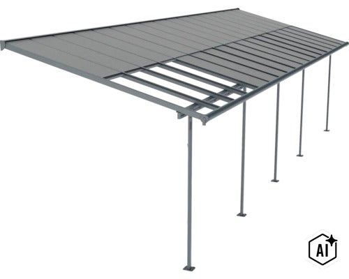 Überdachung mit Metallrahmen und teils lamelliertem Dach zur Terrassenabdeckung. (Image AI modified or generated)