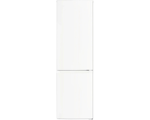 Combiné réfrigérateur-congélateur blanc à deux portes, pose libre.
