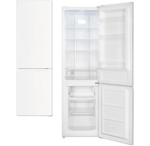 Réfrigérateur-congélateur blanc, présenté fermé et ouvert avec des clayettes en verre et des tiroirs de congélation.