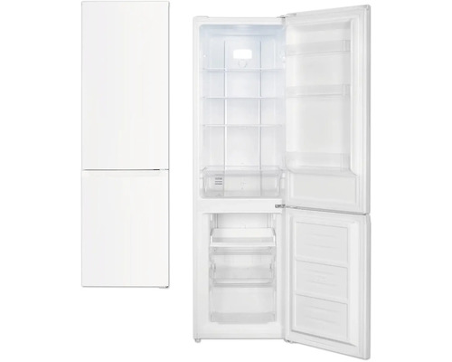 Réfrigérateur-congélateur blanc, présenté fermé et ouvert avec des clayettes en verre et des tiroirs de congélation.