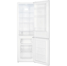 Réfrigérateur-congélateur combiné blanc avec portes ouvertes, clayettes en verre, bac à légumes et trois tiroirs de congélation.