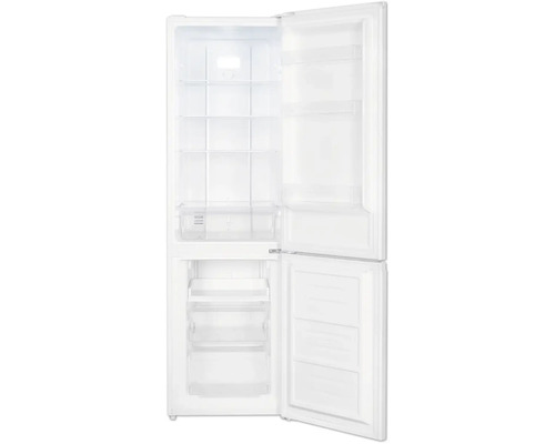 Réfrigérateur-congélateur combiné blanc avec portes ouvertes, clayettes en verre, bac à légumes et trois tiroirs de congélation.