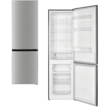 Combiné réfrigérateur-congélateur pose libre en argent, vue fermée et ouverte avec tablettes en verre et tiroirs de congélation.