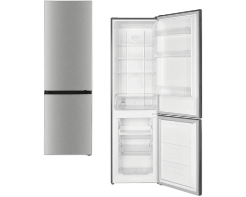 Combiné réfrigérateur-congélateur pose libre en argent, vue fermée et ouverte avec tablettes en verre et tiroirs de congélation.