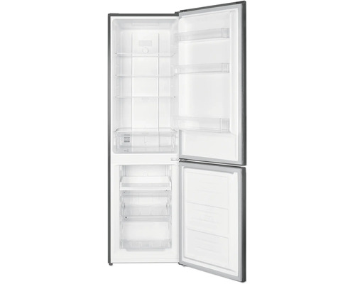 Combiné réfrigérateur-congélateur ouvert avec clayettes en verre et tiroirs de congélation.