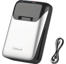 Batterie externe Litheli argentée et noire avec un câble de charge.