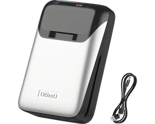 Batterie externe Litheli argentée et noire avec un câble de charge.