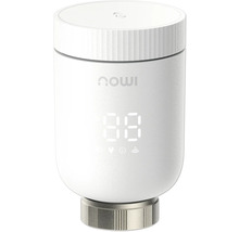 Thermostat de radiateur connecté blanc IMOU avec affichage numérique et bague de raccordement argentée.
