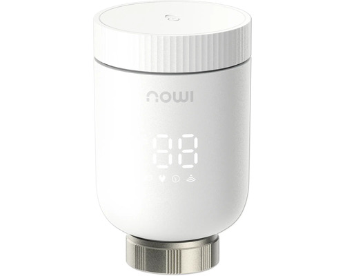 Thermostat de radiateur connecté blanc IMOU avec affichage numérique et bague de raccordement argentée.