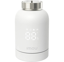 Thermostat de radiateur connecté Imou avec affichage numérique de la température, du wifi et de l'état de la batterie.