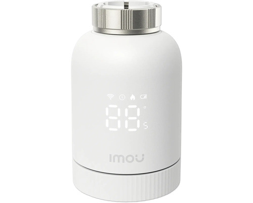 Thermostat de radiateur connecté Imou avec affichage numérique de la température, du wifi et de l'état de la batterie.