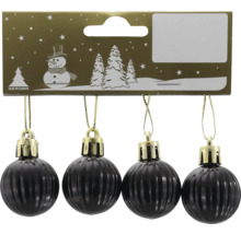Quatre boules de Noël côtelées noires avec attaches dorées et Geroma Logo sur l'emballage.