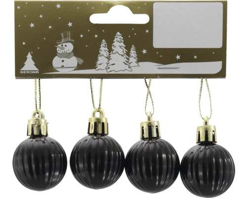 Quatre boules de Noël côtelées noires avec attaches dorées et Geroma Logo sur l'emballage.