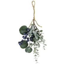 Bouquet artificiel d eucalyptus avec baies bleues et boucle de suspension en jute.