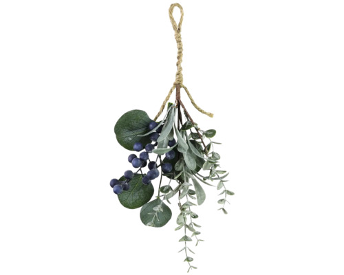 Bouquet artificiel d eucalyptus avec baies bleues et boucle de suspension en jute.