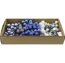 Petites boules décoratives sur tige avec des finitions brillantes et pailletées, rangées dans une boîte en carton.
