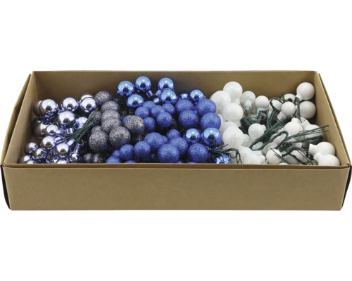 Petites boules décoratives sur tige avec des finitions brillantes et pailletées, rangées dans une boîte en carton.