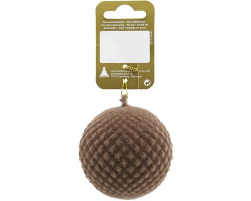 Boule de Noël marron floquée avec motif de losanges et boucle dorée sur étiquette GEROMA.