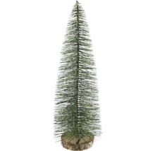 Petit sapin de Noël artificiel avec des aiguilles vertes sur un socle en bois rond.