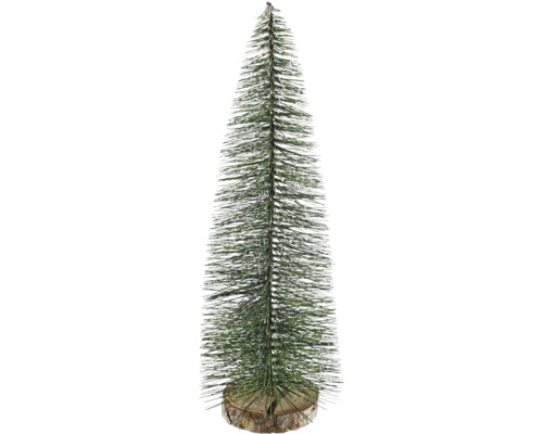 Petit sapin de Noël artificiel avec des aiguilles vertes sur un socle en bois rond.