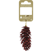 Weihnachtsbaumanhänger in Form eines Tannenzapfens mit rotem Glitzer und goldener Kordel an der Verkaufsverpackung.