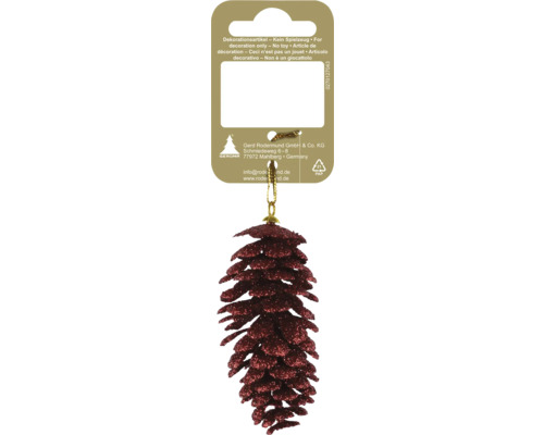 Weihnachtsbaumanhänger in Form eines Tannenzapfens mit rotem Glitzer und goldener Kordel an der Verkaufsverpackung.