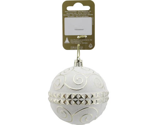 Boule de Noël blanche avec des volutes argentées scintillantes et une bande à motif géométrique au milieu.