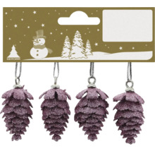 Christbaumschmuck Zapfen am 4er-Set, lila mat Glitzer an Opfännung.