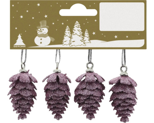 Christbaumschmuck Zapfen am 4er-Set, lila mat Glitzer an Opfännung.